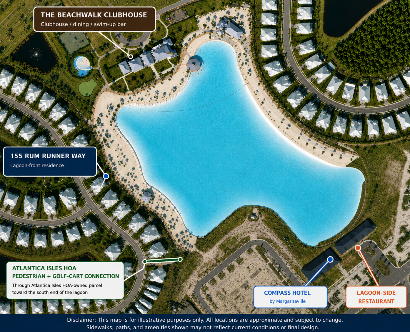 Map showing 155 Rum Runner Way, Beachwalk Clubhouse, Atlantica Isles HOA access, Compass Hotel by Margaritaville, and planned lagoon-side restaurant