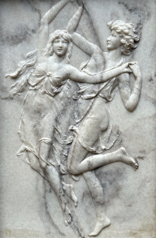 Continental School - Two Dancing Bacchantes - original carved marble relief