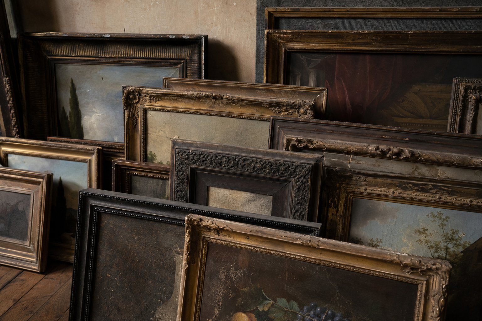 A collection of antique picture frames leaning against a wall and on the floor, some containing landscape paintings and others showing ornate woodwork.