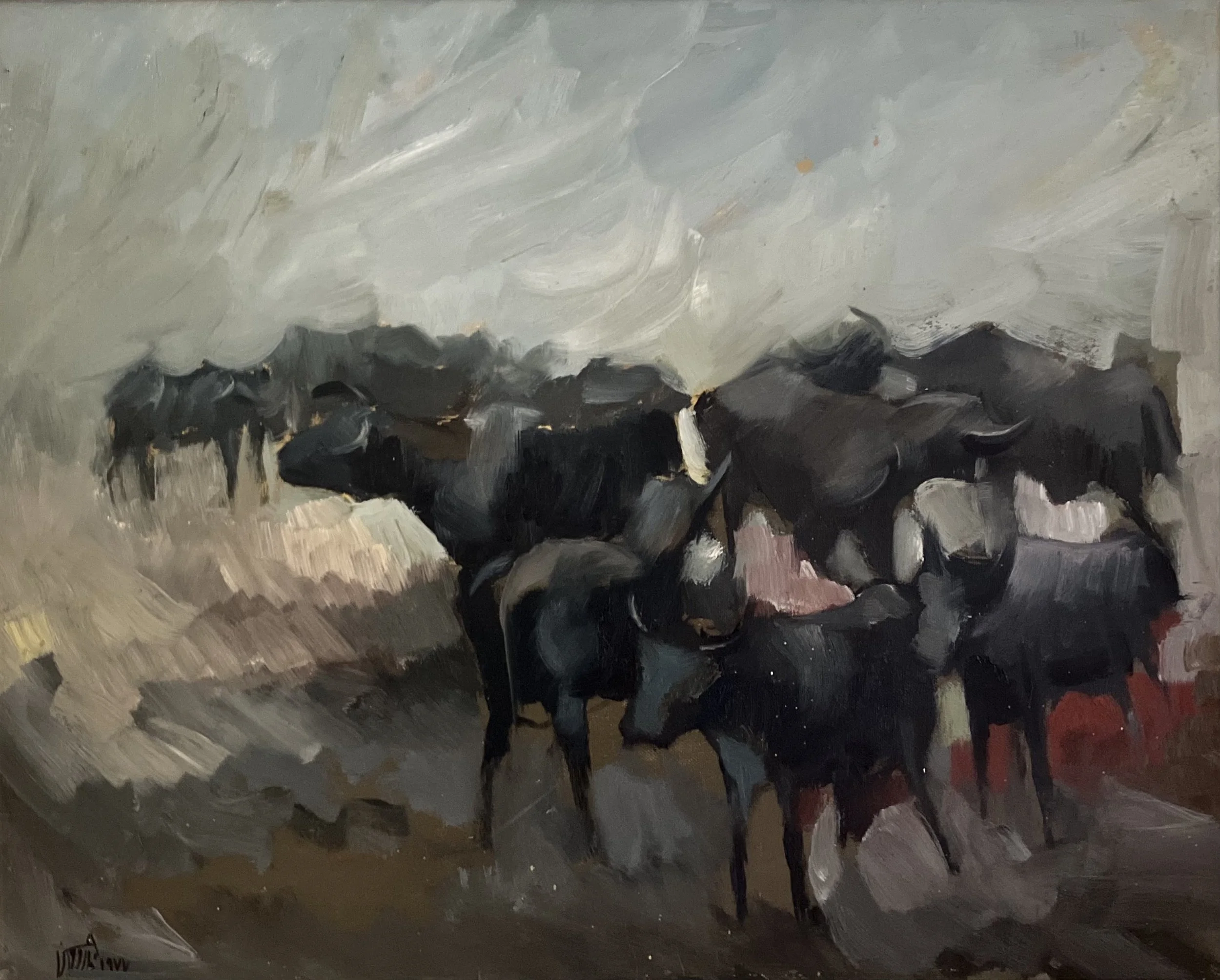 Farouq Hassan (Iraqi, b. 1939) – 'Buffalo Herd' – Oil on Canvas
