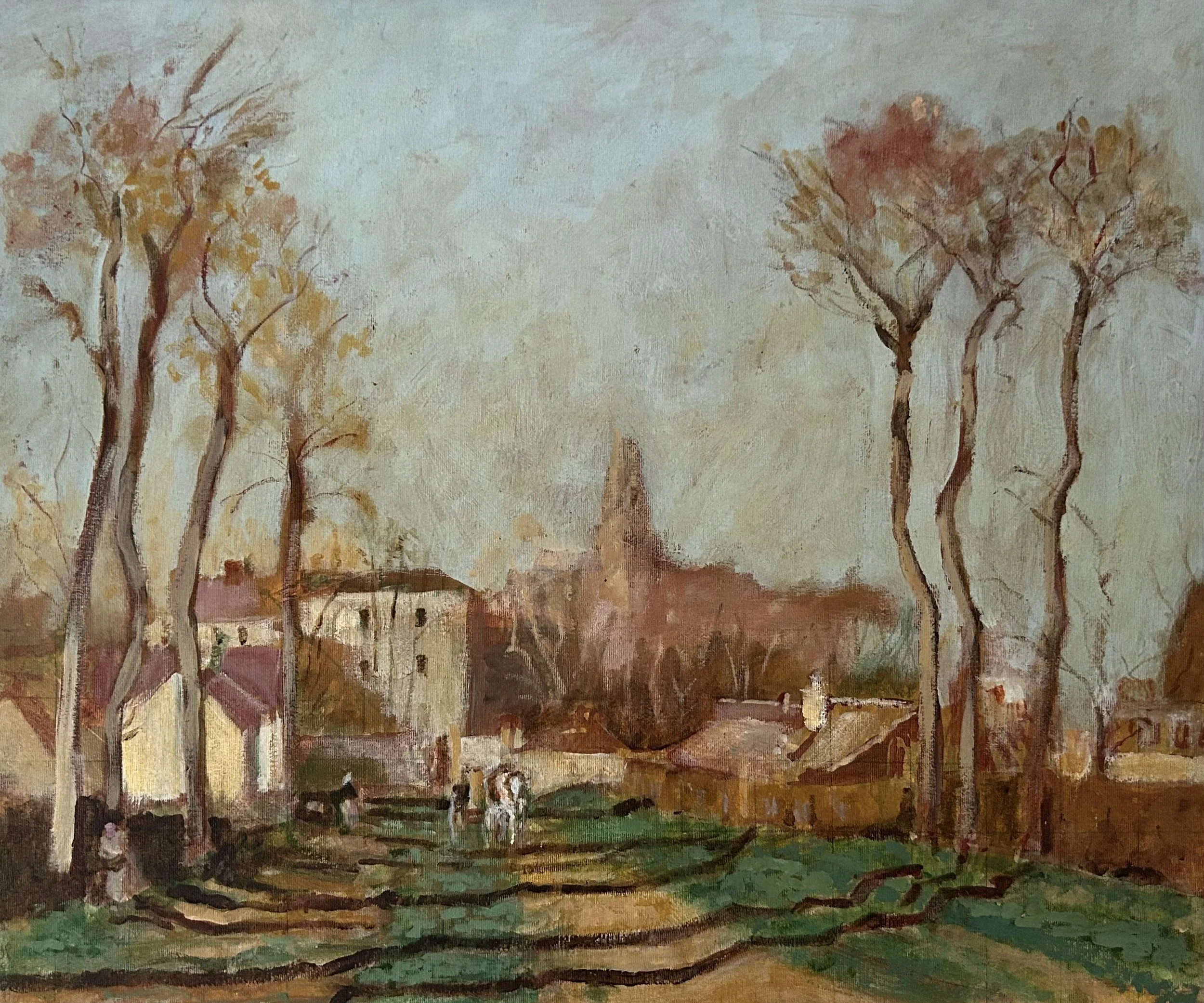 French School, 1980 - original oil painting of a village landscape