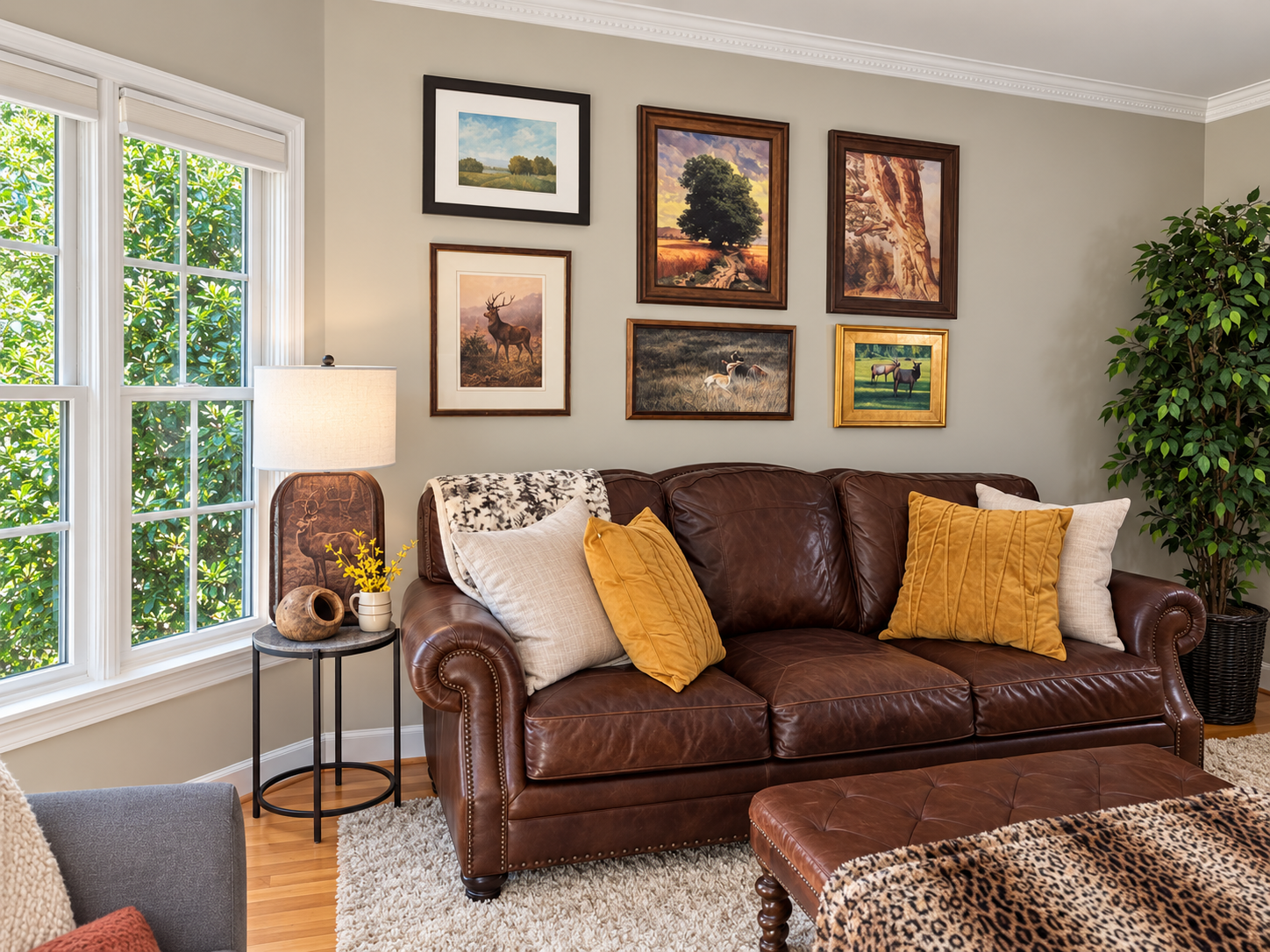 Styled living room with leather sofa, framed art, layered textiles, and warm traditional décor.