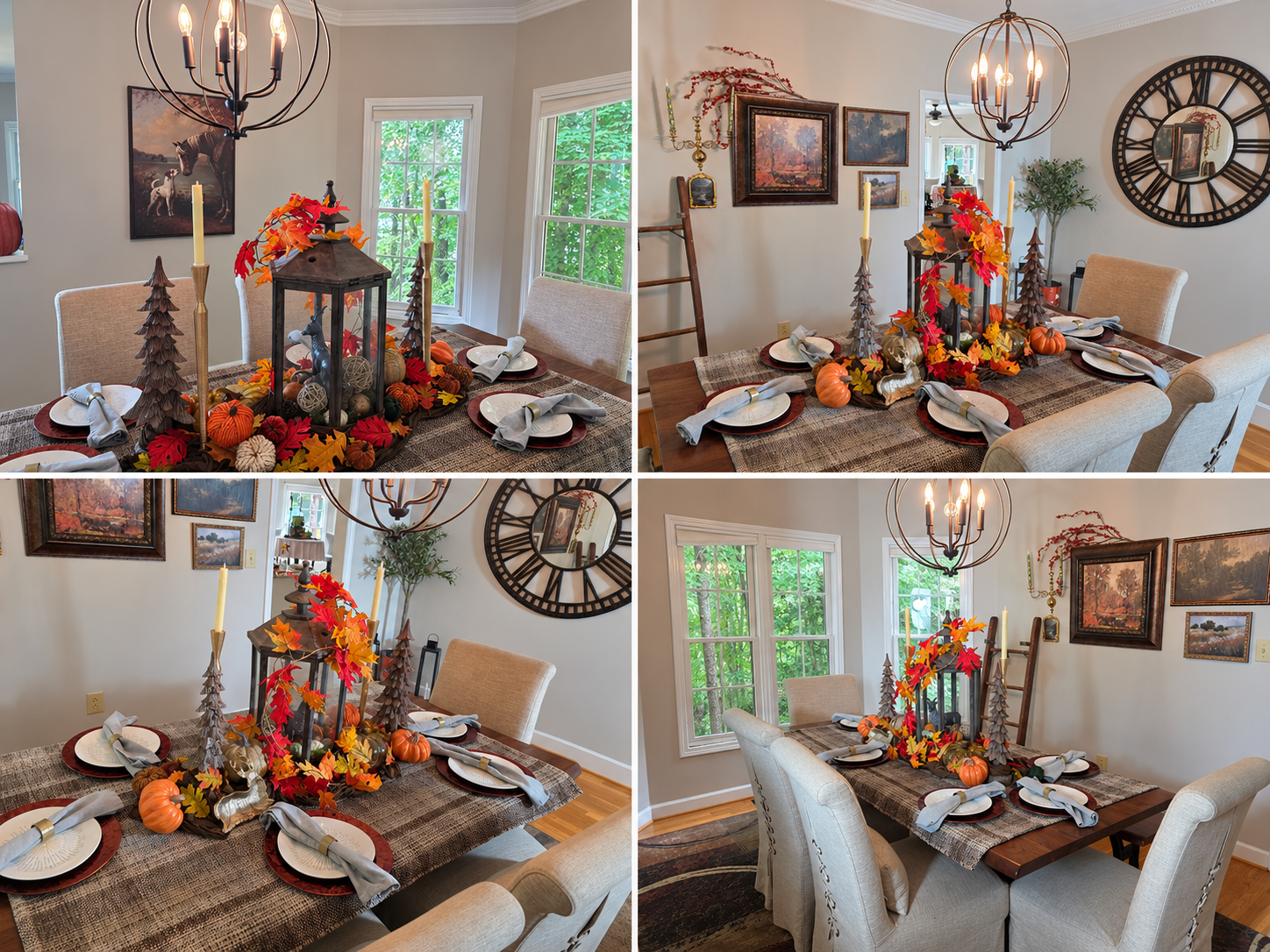 Fall dining room styled with pumpkins, autumn foliage, seasonal place settings, and warm layered accents.