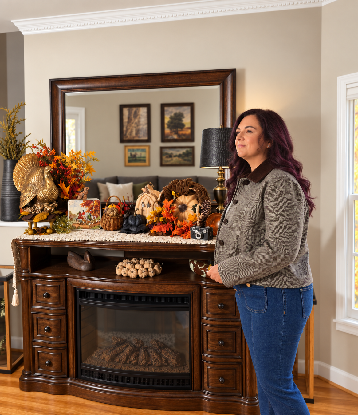 Joy beside a fall décor arrangement with pumpkins, autumn florals, framed art, and layered vintage accents.