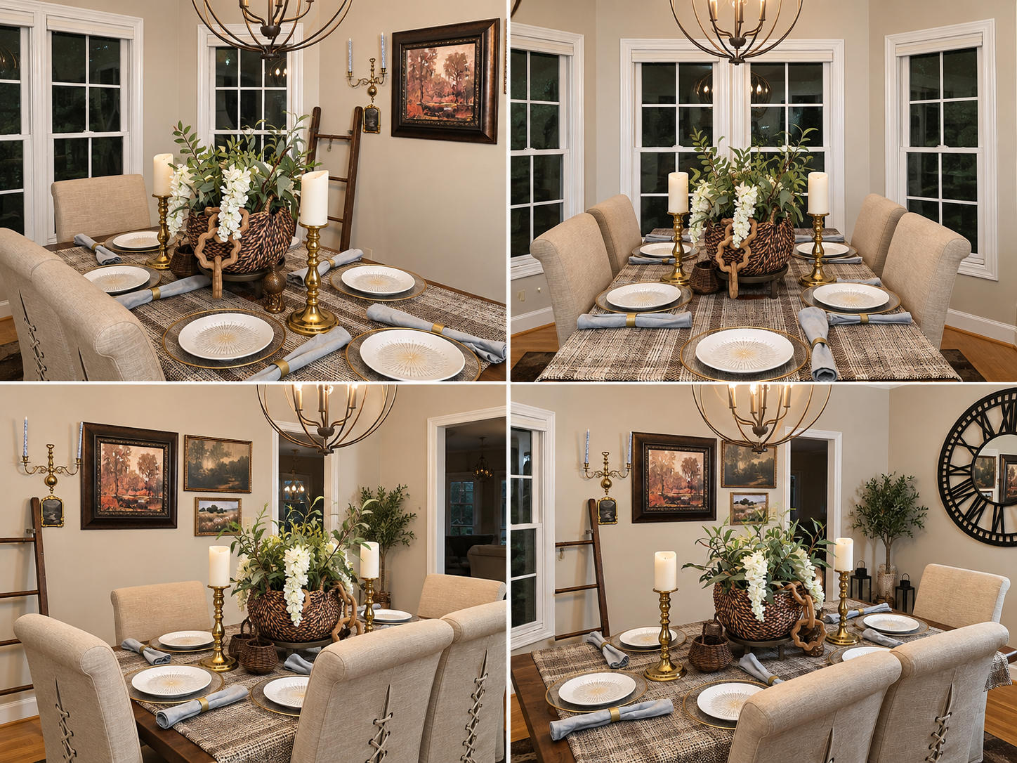 Neutral dining room styled with layered place settings, brass candlesticks, greenery, and framed art.