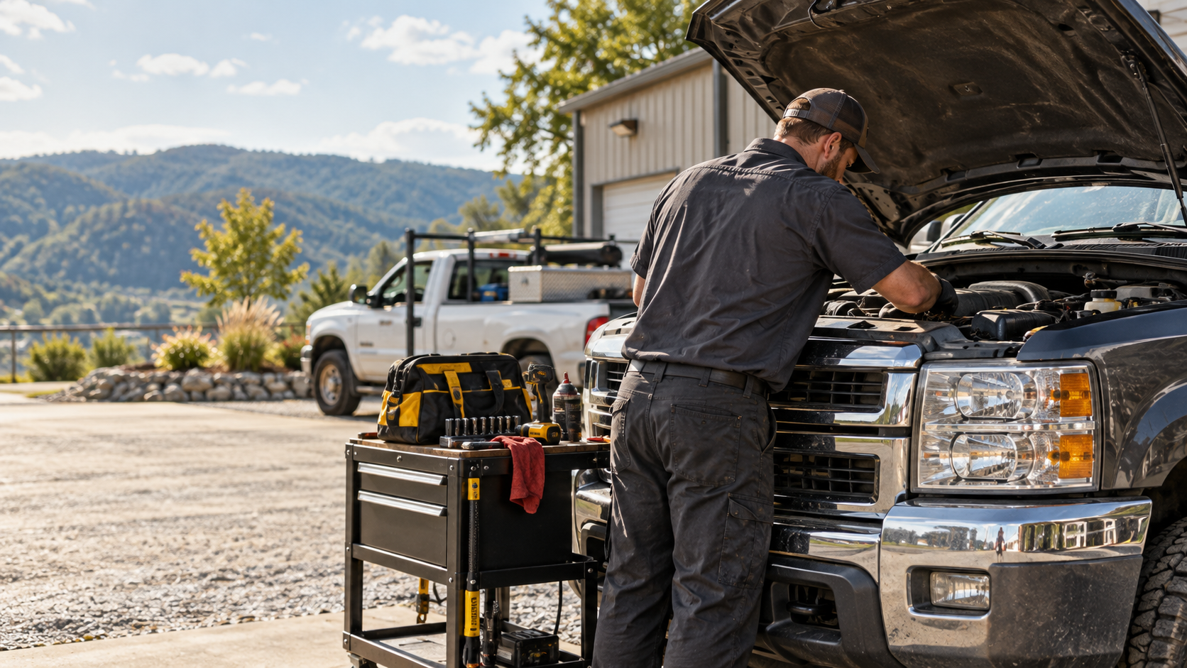 Mobile mechanic servicing a pickup truck on site near Martinsburg, West Virginia