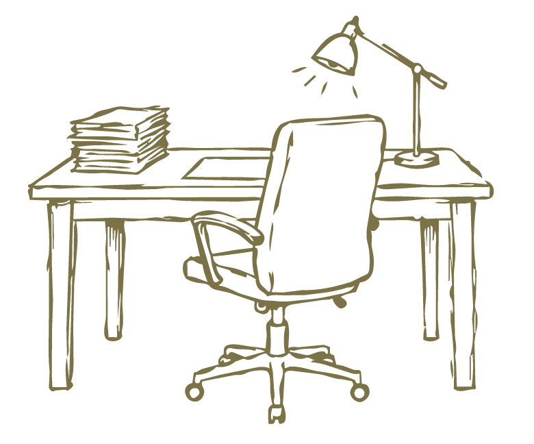 An illustration of a desk with a stack of papers, a desk lamp, and an office chair.