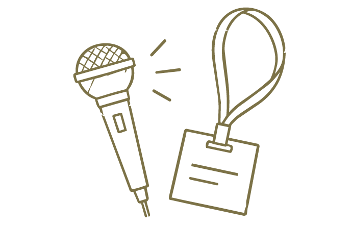 Line drawing of a microphone and a badge with a lanyard.