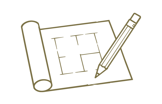 Outline drawing of a blueprint with a floor plan, a rolled-up section, and a pencil.