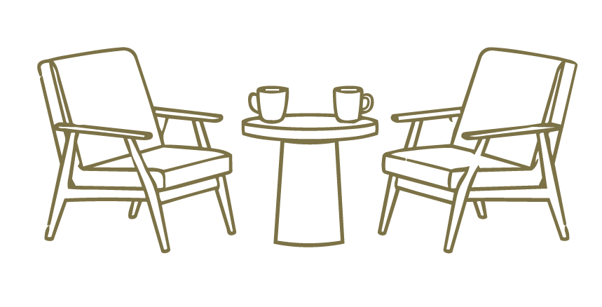 Line drawing of two chairs and a small round table with two coffee mugs on it.