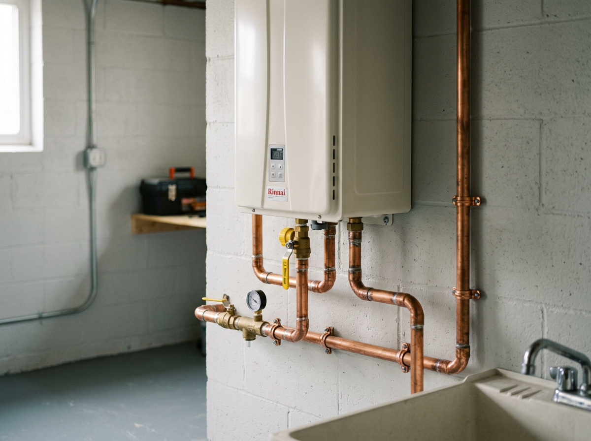 A Rinnai tankless water heater installed on a white brick wall with copper pipes, a water gauge, and a yellow valve, located in a utility room with a small window, concrete floor, and a toolbox on a wooden shelf in the background.