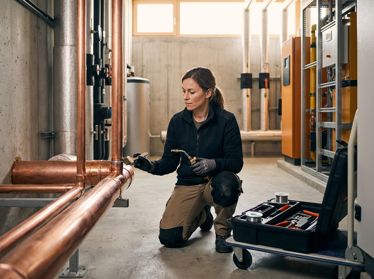 A woman working on plumbing in an industrial setting, kneeling on the concrete floor with a toolbox nearby.