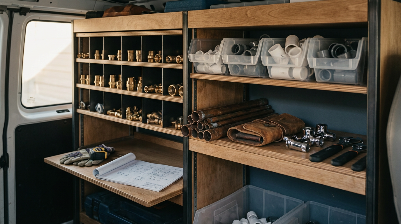 Wooden shelving unit filled with plumbing fittings, pipes, and tools in an inside of a service van.