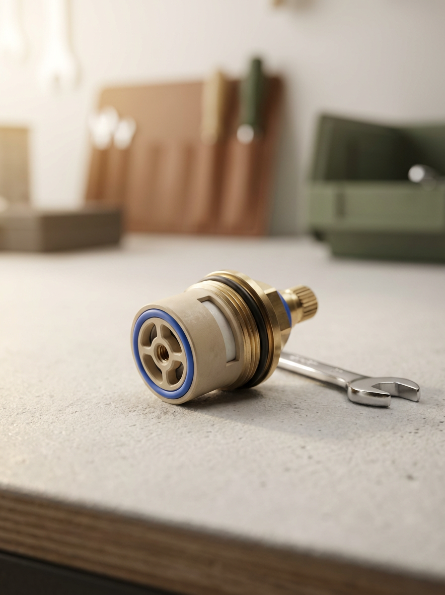 A brass and plastic faucet valve with a small wrench on a light-colored surface, with tools and storage containers blurred in the background.