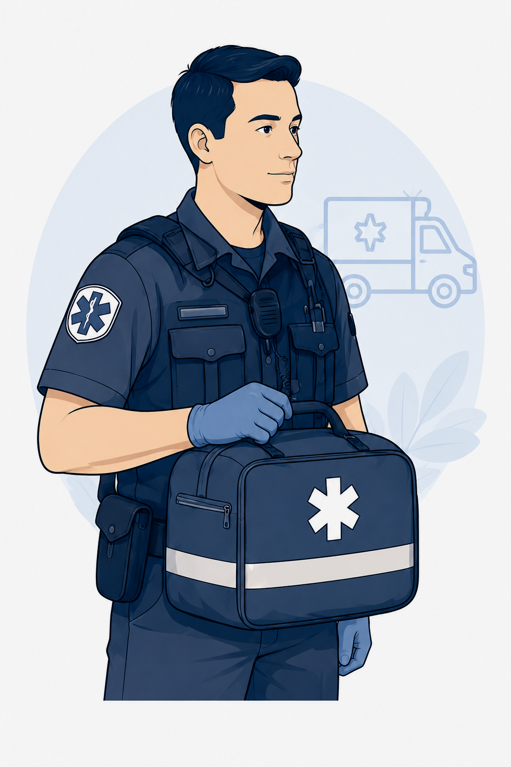 Illustration of a primary care paramedic equipped for emergency trauma assessment, treatment, and safe patient lifting and transfers.