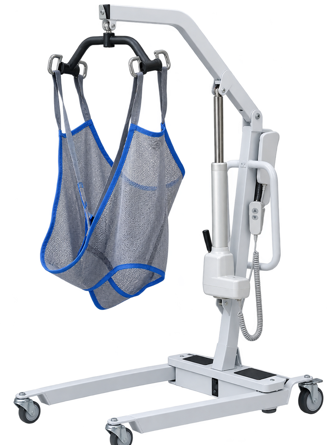 •  A professional battery-powered electric floor hoist and patient transfer sling designed for secure, ergonomic mobility support.