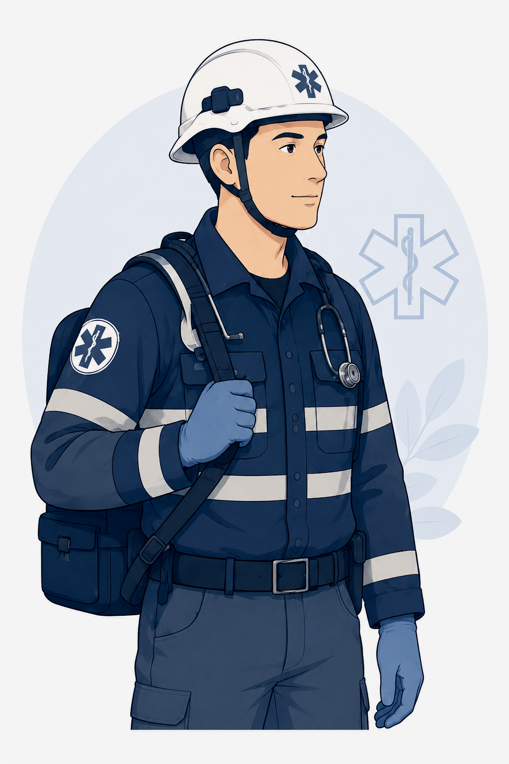 Illustration of an advanced care paramedic equipped for advanced life support, pre-hospital trauma care, and high-acuity medical management.