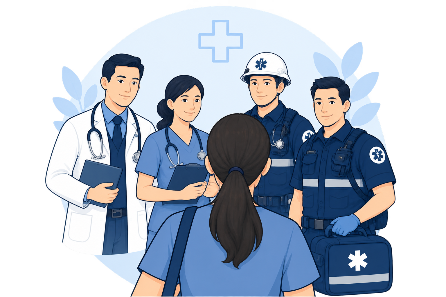 Illustration of a multi-disciplinary medical team including physicians, registered nurses, and onsite paramedics representing a collaborative staffing network.