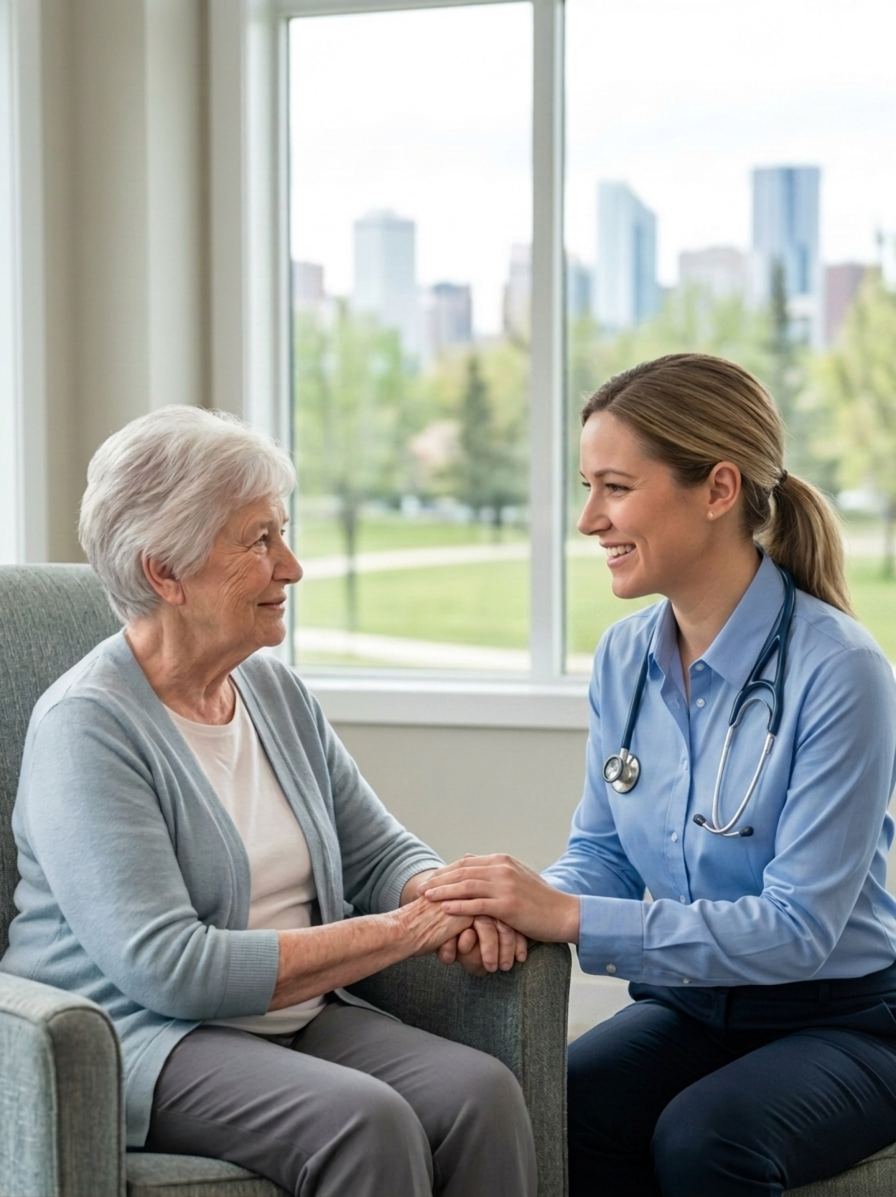 Certified and registered healthcare professional providing compassionate on-site medical treatment, clinical assessment, and companion care to a senior resident.