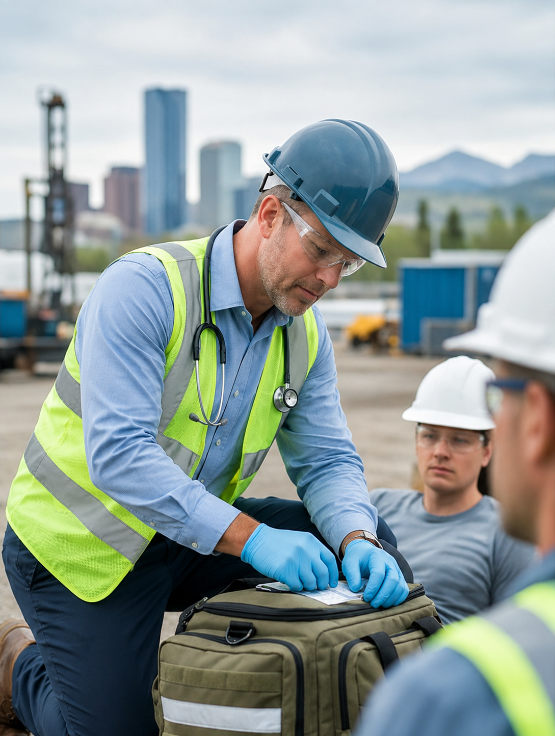 An onsite paramedic providing immediate first aid assessment and injury mitigation on an industrial job site.