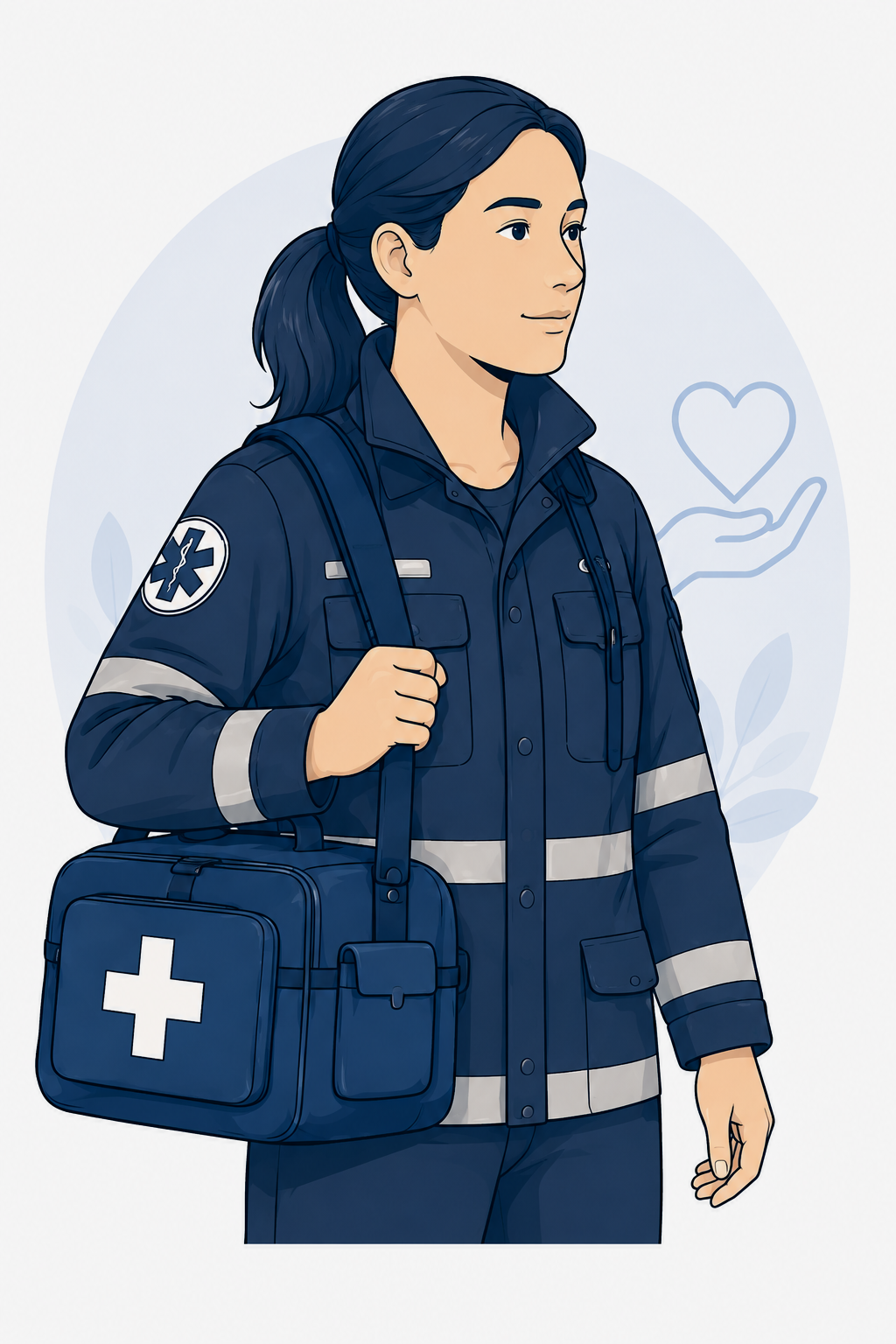 Illustration of an emergency medical responder providing industrial rig site first aid, basic life support, and compliance monitoring.