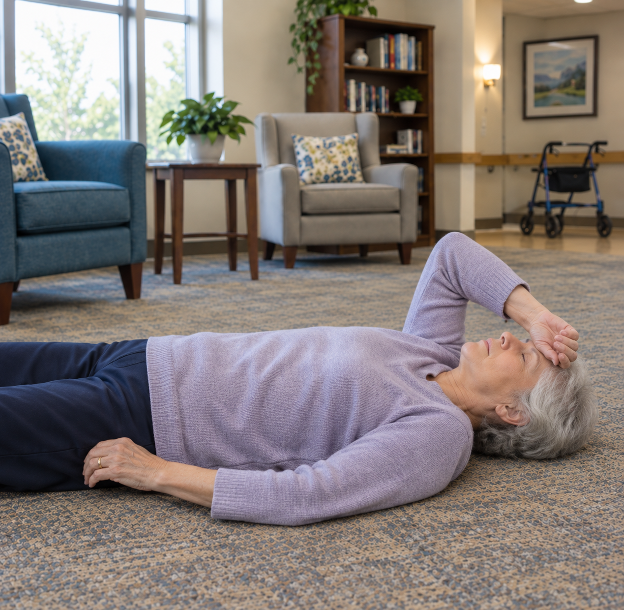 A senior resident receiving a head-to-toe trauma evaluation and clinical clearance from paramedics following a ground-level fall.