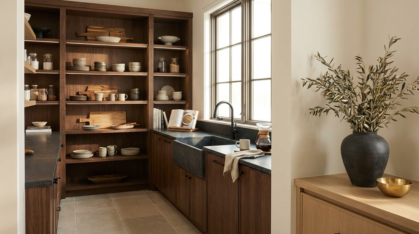 Kitchen with open wooden shelves filled with dishes and glass jars, black countertop with a sink, and a large window letting in natural light. A tall black vase with green foliage and a small gold bowl on a wooden sideboard are visible.