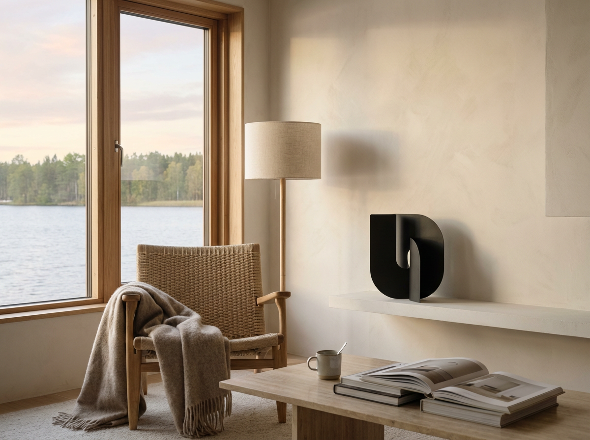Cozy sitting area with a wicker armchair draped with a beige blanket, a wooden window showing a lakeside view, a tall floor lamp, a white floating shelf with a black decorative sculpture, an open magazine, and a mug on a wooden table.