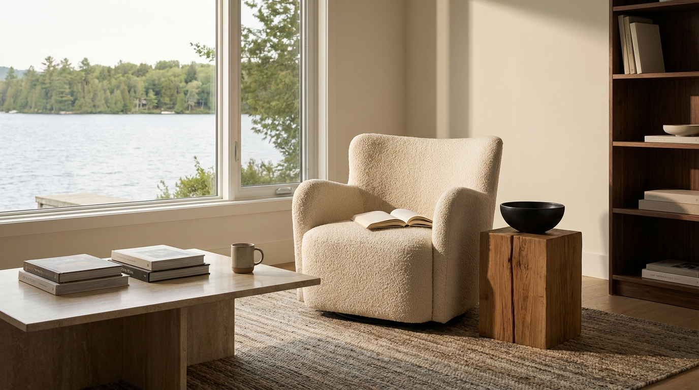 Living room with a large window overlooking a lake and trees, beige armchair with an open book, wooden coffee table with books and a mug, wooden side table with a black bowl, and a wooden bookshelf with books.