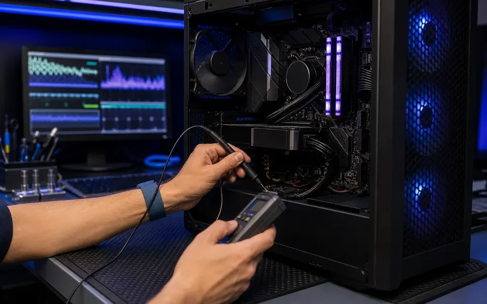Representative PC diagnostics: a technician checks hardware inside a blue-lit gaming computer.
