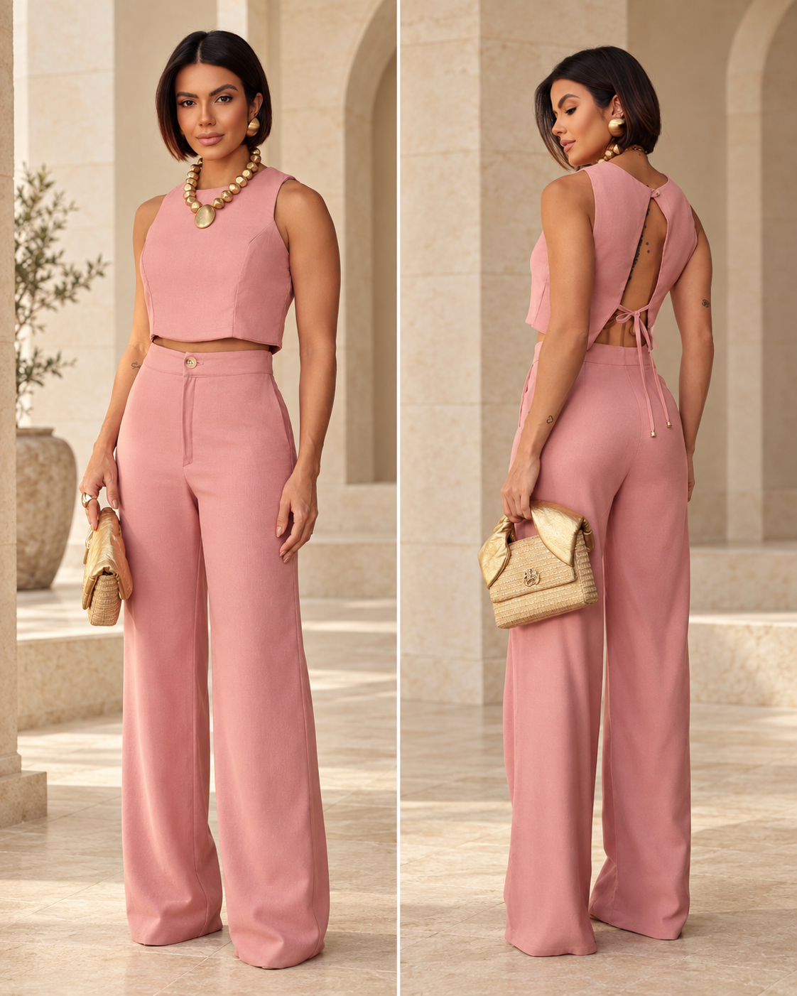 Conjunto Graça em Viscolinho – Calça Pantalona e Top Cropped