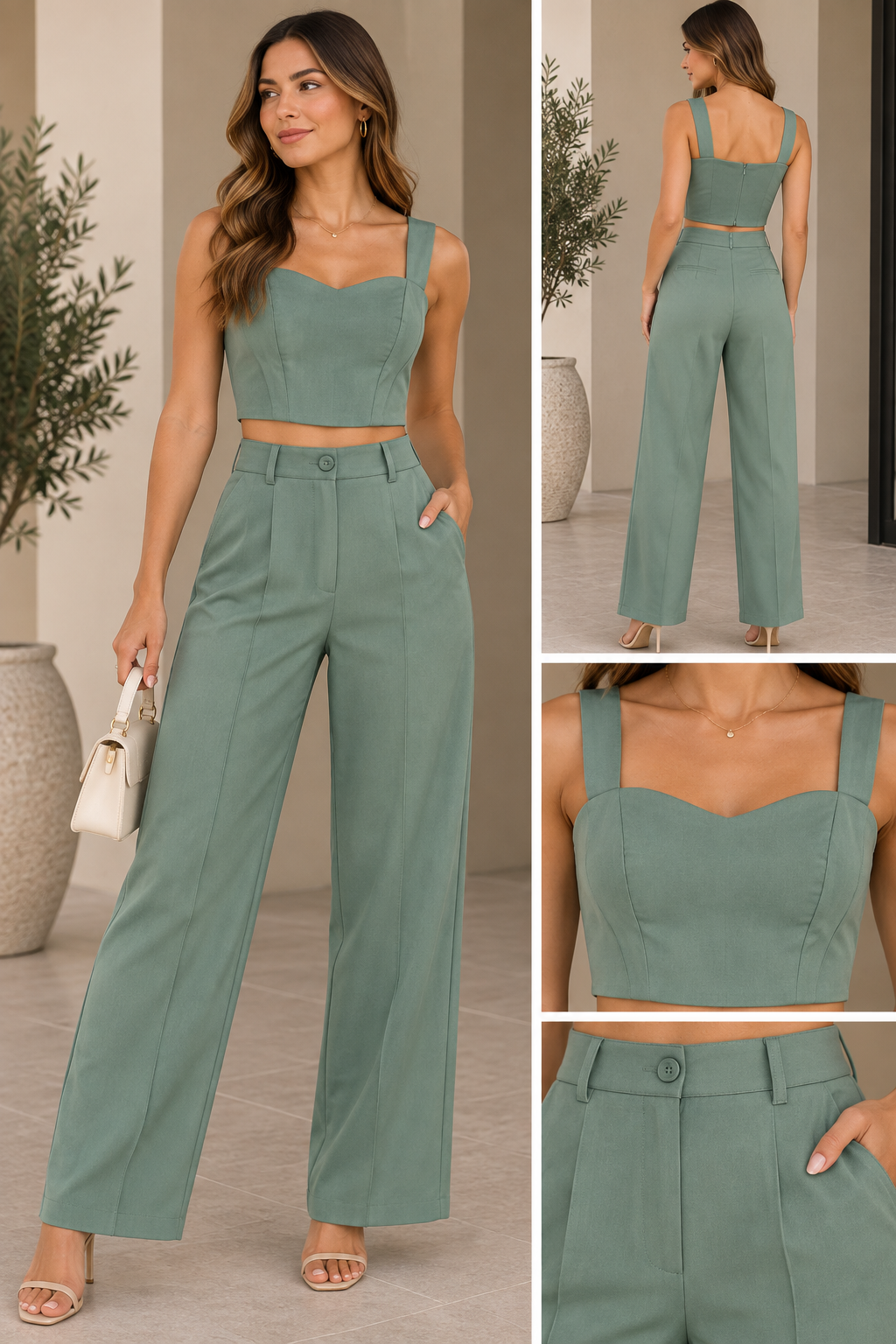 Conjunto Verde Sálvia com Top Estruturado e Calça Pantalona