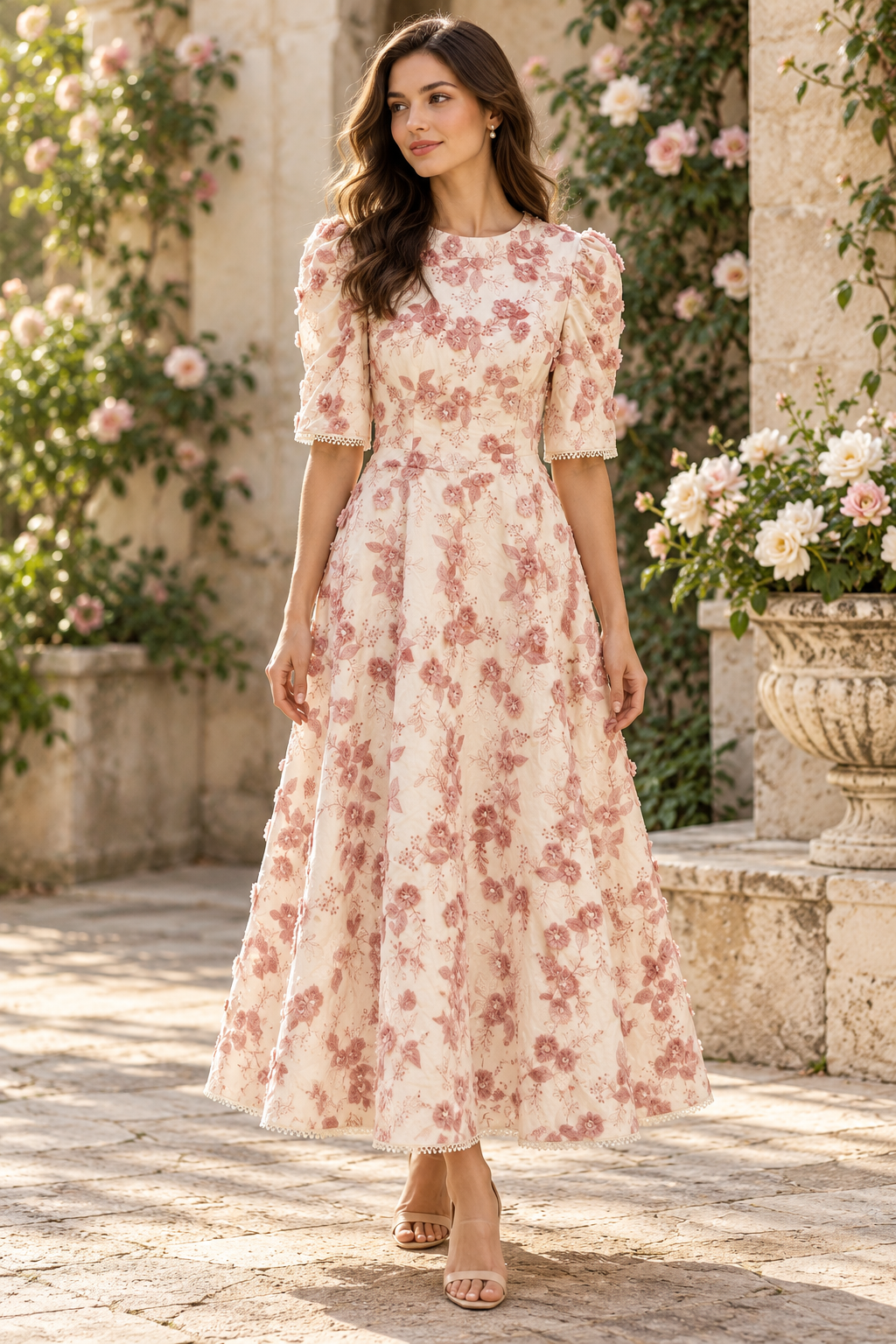 Vestido Floral com Flores em Relevo e Mangas Bufantes