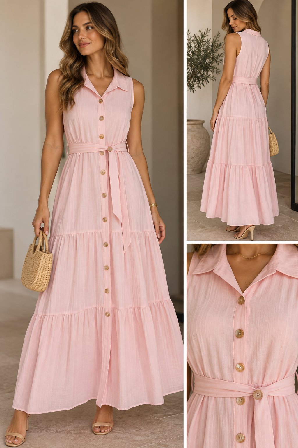Vestido Longo Rosa em Viscose com Cinto