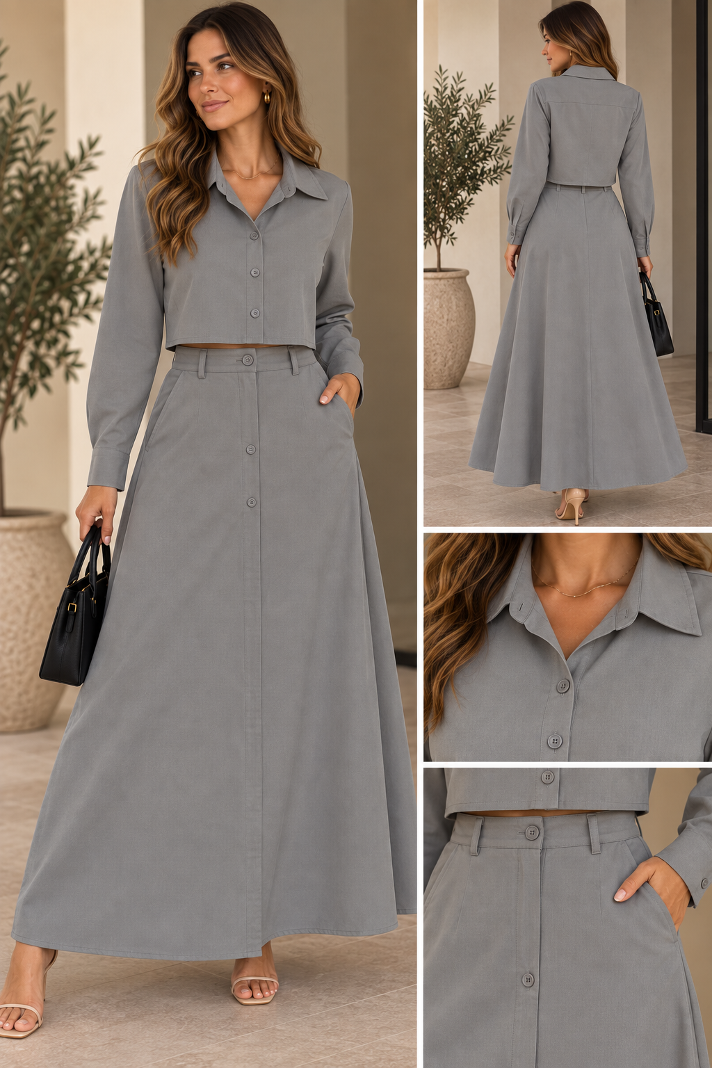 Conjunto Cinza com Saia Longa e Cropped de Manga Longa