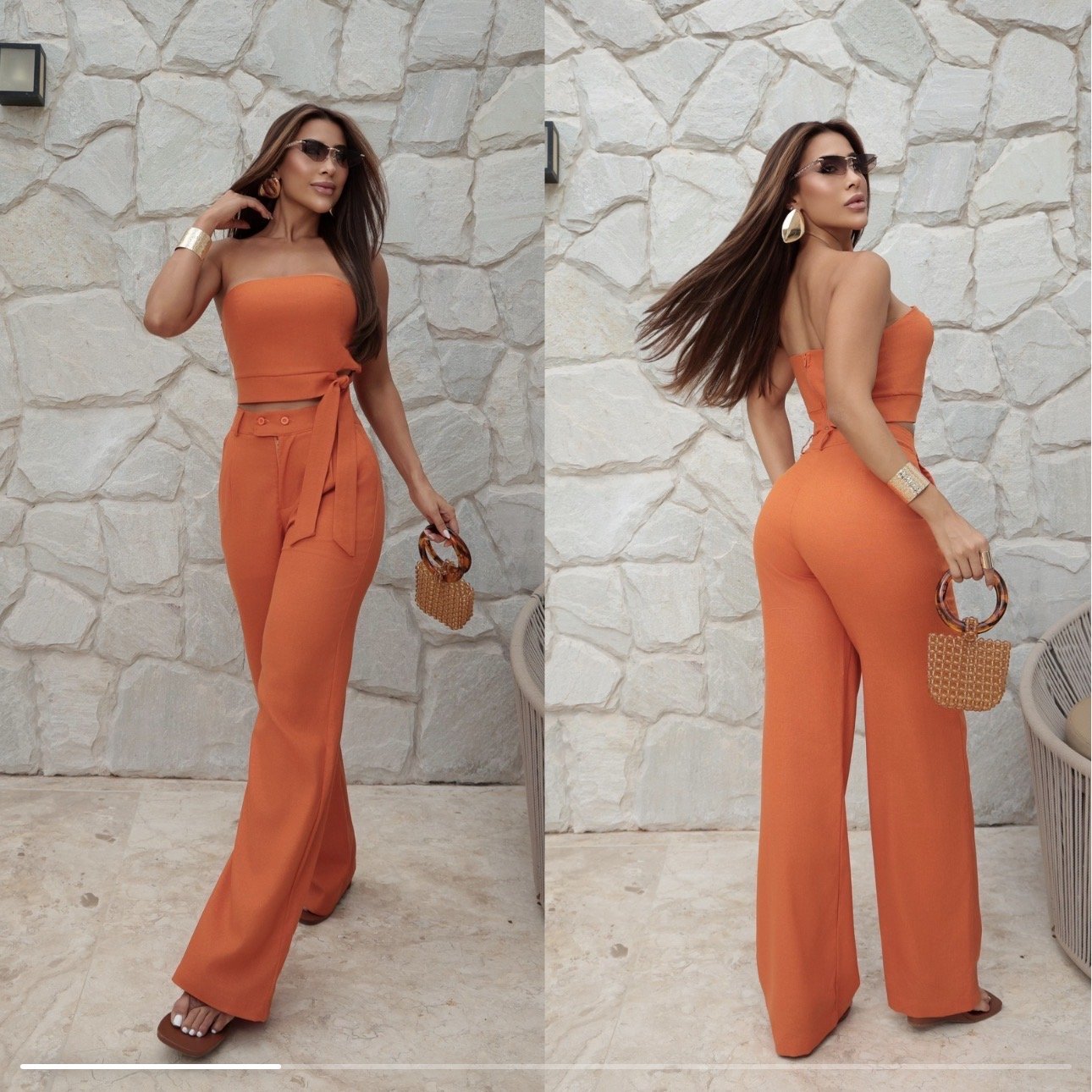 Conjunto Soft Riviera – Calça Pantalona e Cropped Tomara que Caia