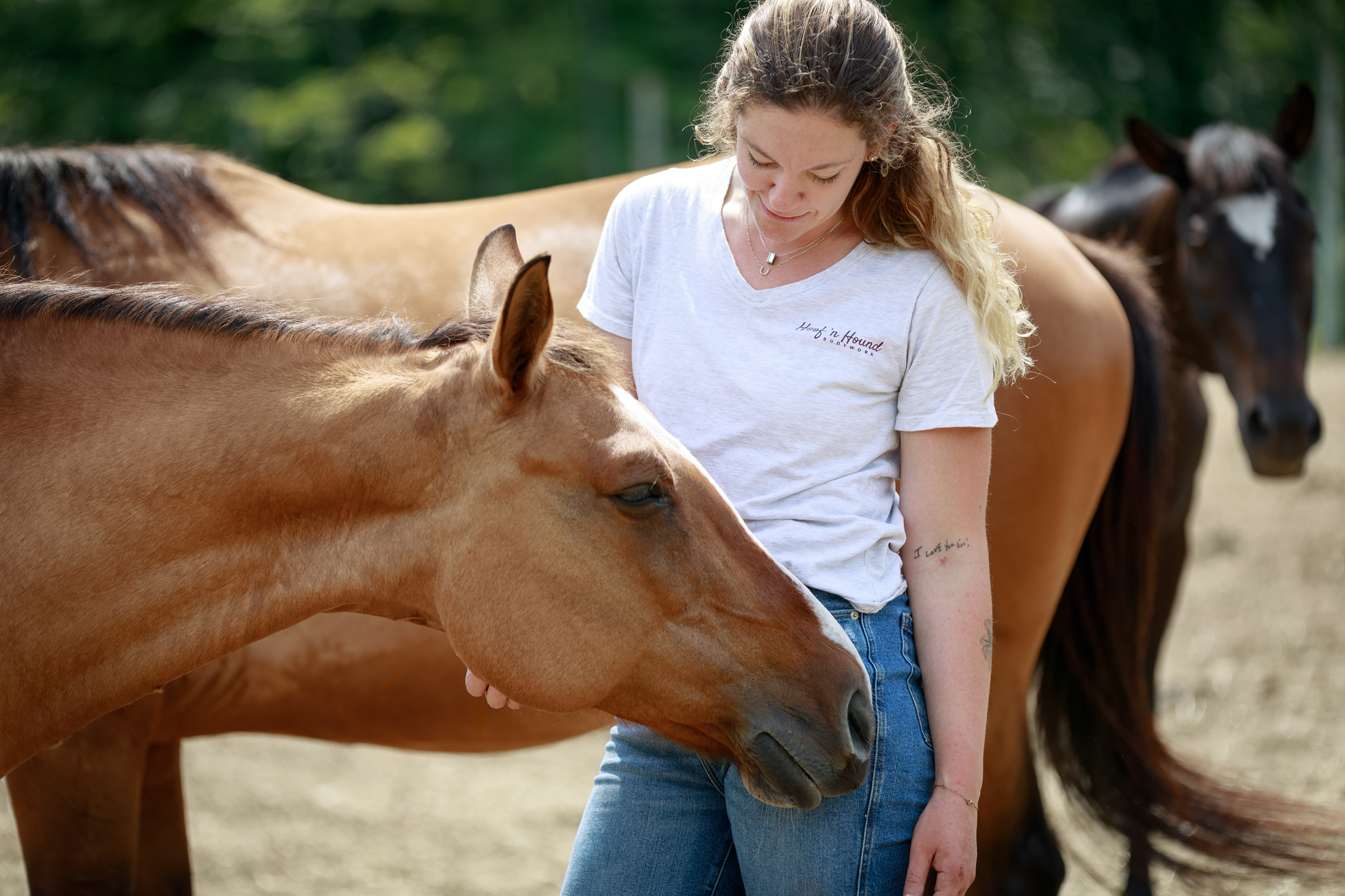 Woman standing beside a brown horse while gently interacting with it in a pasture