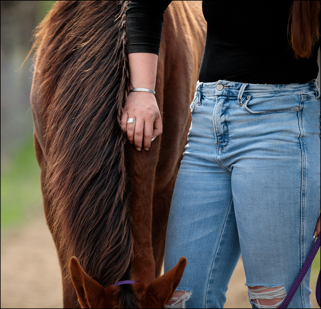 Close-up of a woman standing beside a brown horse with her hand resting near its mane