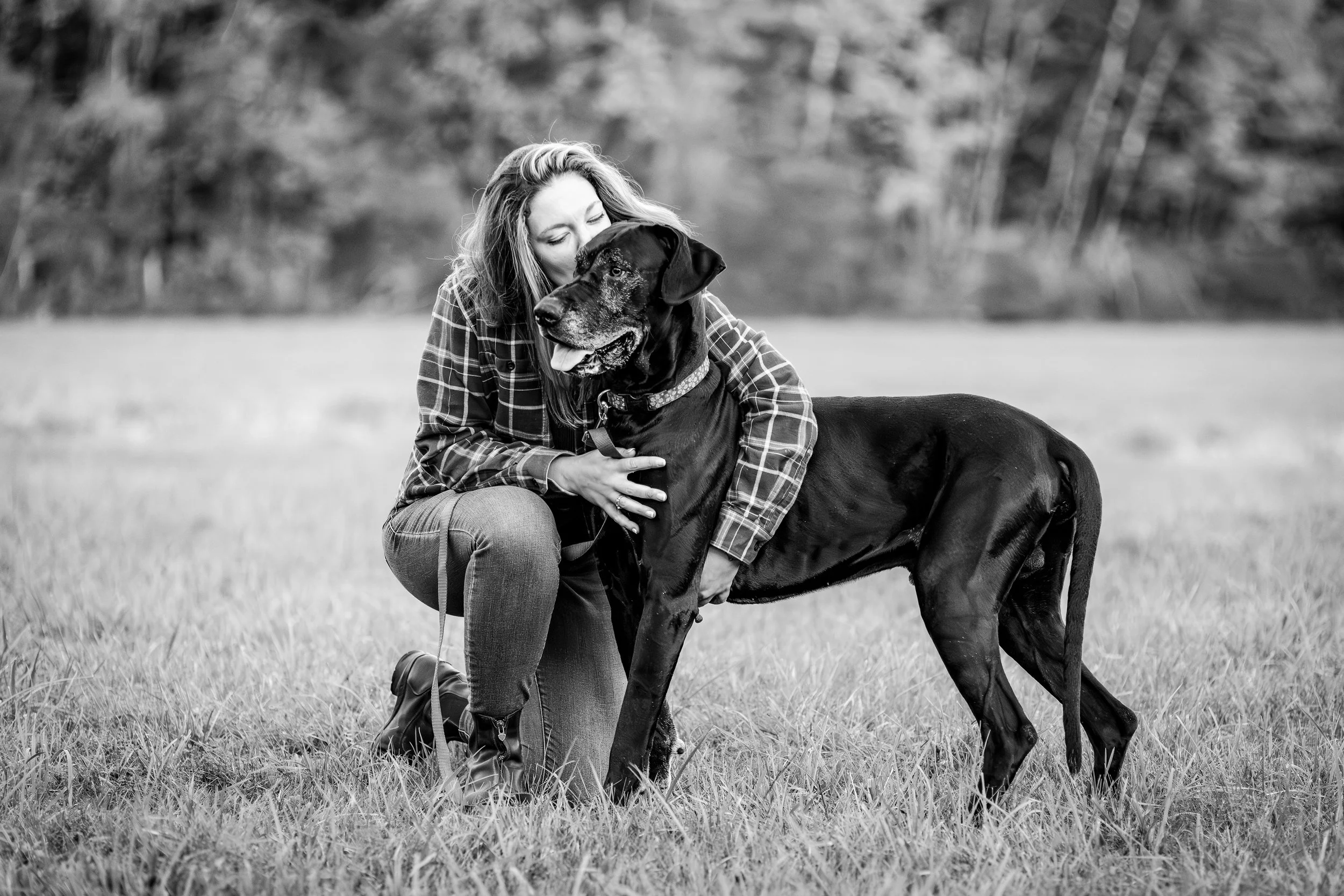 Woman crouching in a field and affectionately hugging a large black dog