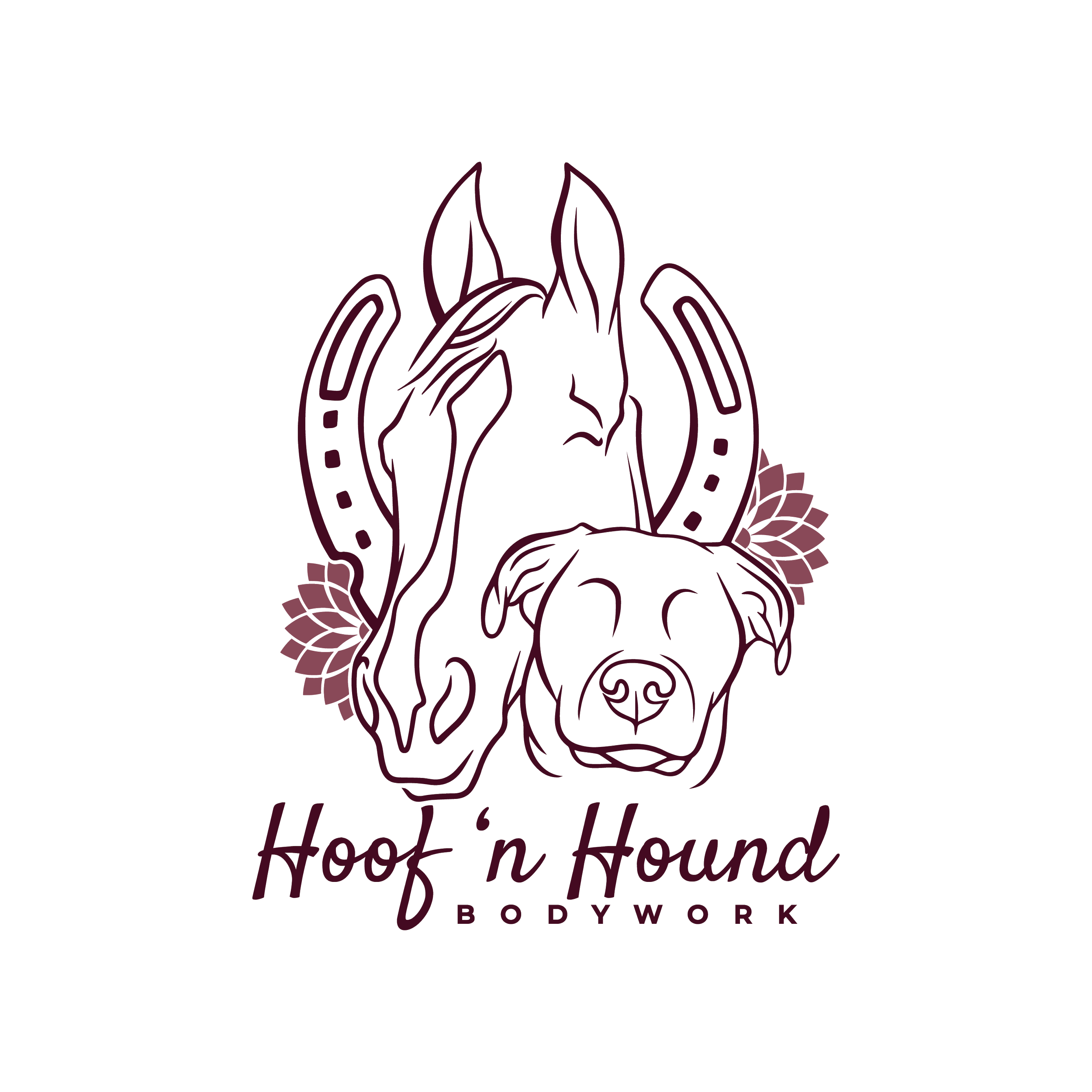 Hoof ’n Hound Bodywork main logo featuring a horse and dog framed by horseshoes and floral elements