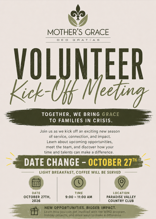 Mother's Grace Volunteer Kick-Off Meeting flyer