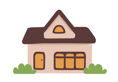 Illustration of a house with a brown roof, orange door, and windows, surrounded by green bushes.
