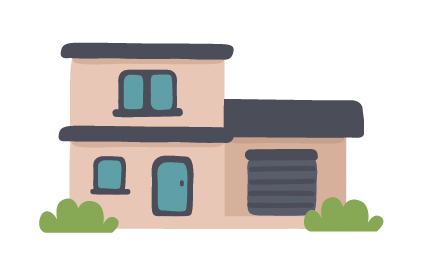 Illustration of a two-story house with a garage, pink walls, blue windows and door, black roof, and green bushes in front.