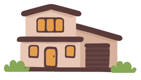 Illustration of a two-story house with a garage, brown roof, and green bushes. colorful windows and front door.