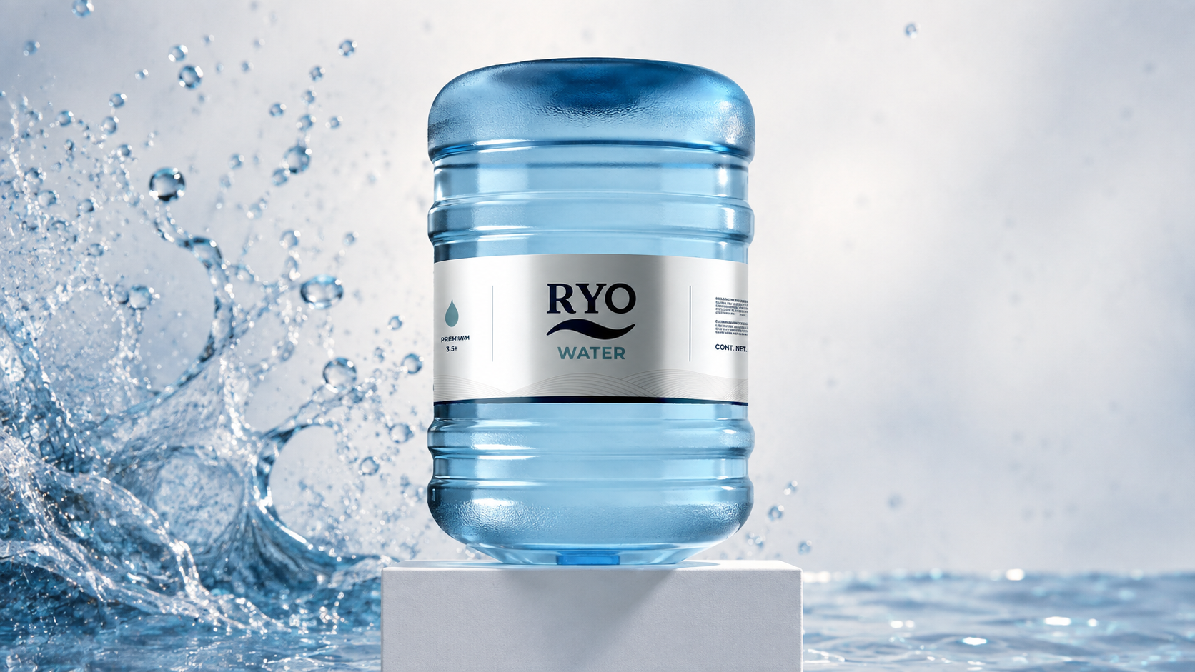 Botella de agua RYO Water sobre una base blanca con agua y salpicaduras de agua a su alrededor.