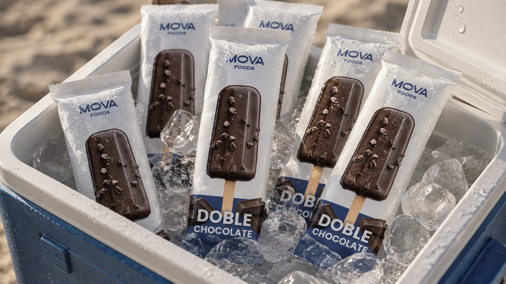 Paletas de chocolate en una nevera portátil con hielo, marca Mova Foods, sabor doble chocolate.