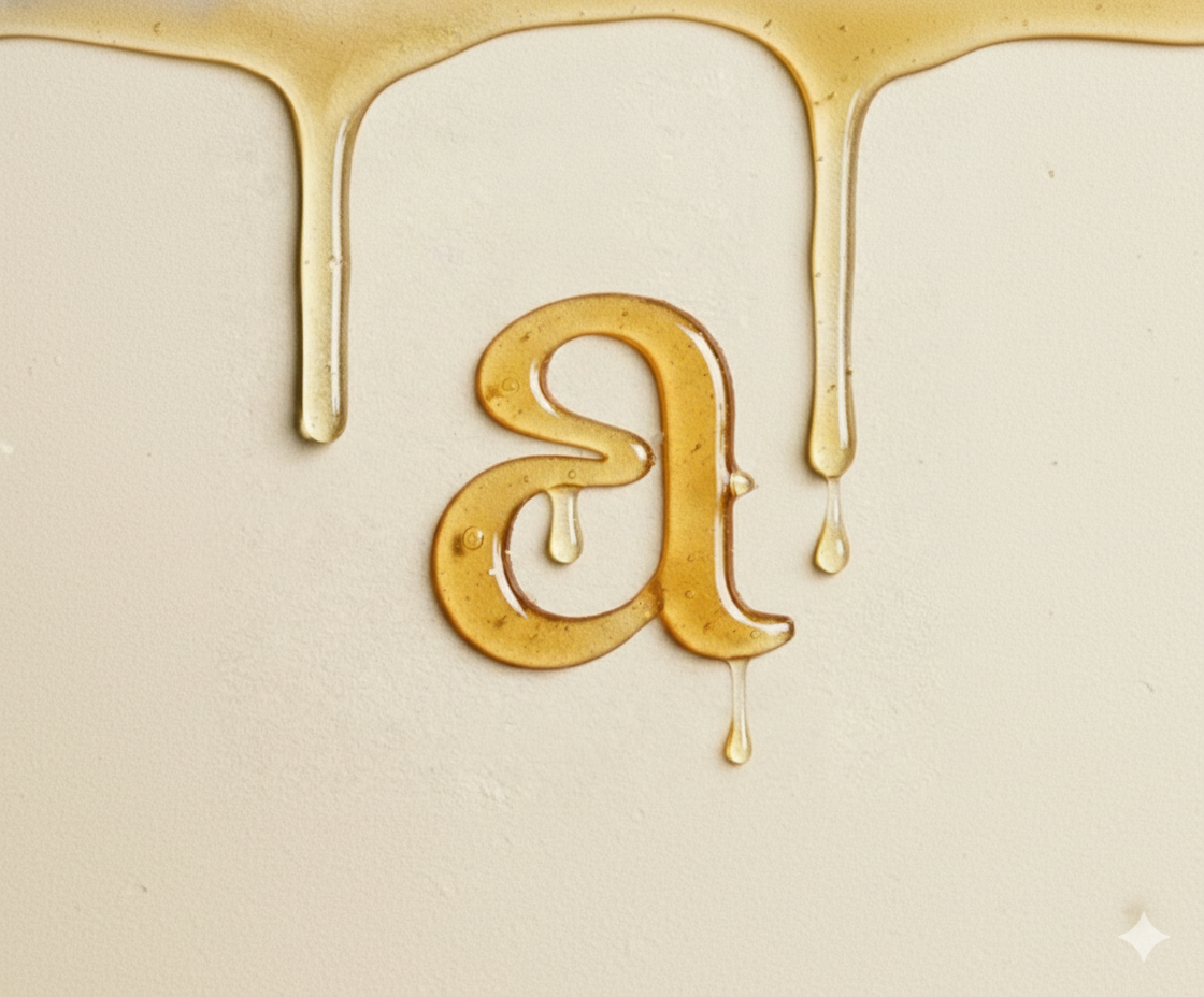  letro de miel en forma de letra 'a' con miel cayendo sobre un fondo beige