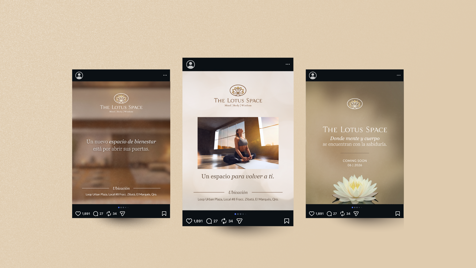 Tres pantallas de redes sociales promocionando un centro de bienestar llamado 'The Lotus Space', con un logo de flor de loto en la parte superior, diferentes fondos relajantes y una mujer practicando yoga en la central.