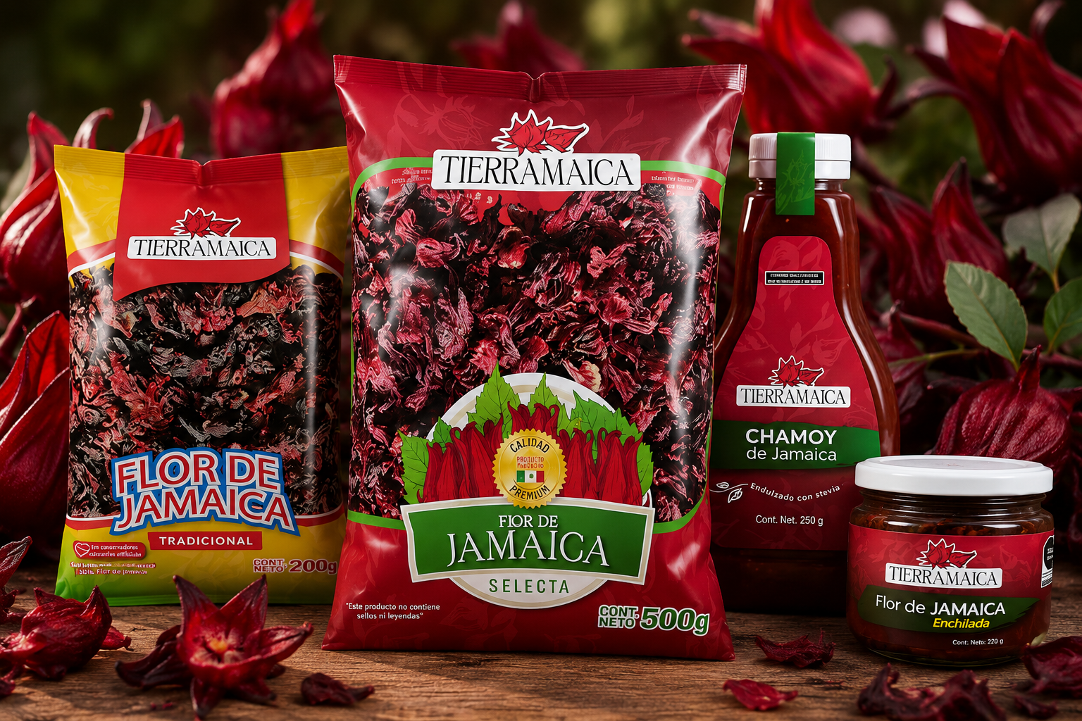 Variedad de productos de flor de Jamaica de la marca Tierramala, incluyendo paquetes de flor seca, jarra de jarabe con etiqueta de chamoy de Jamaica, y frasco de flor de Jamaica en polvo. Todos los productos están en un fondo de flores de Jamaica secas.