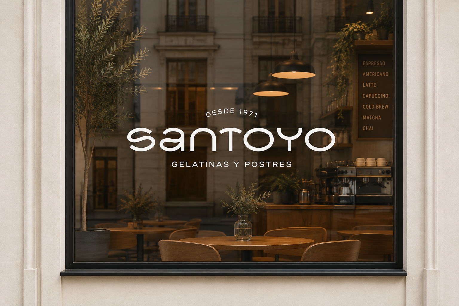 Vista de una cafetería llamada Santo Y O, con ventanas grandes que muestran mesas de madera y plantas en el interior.